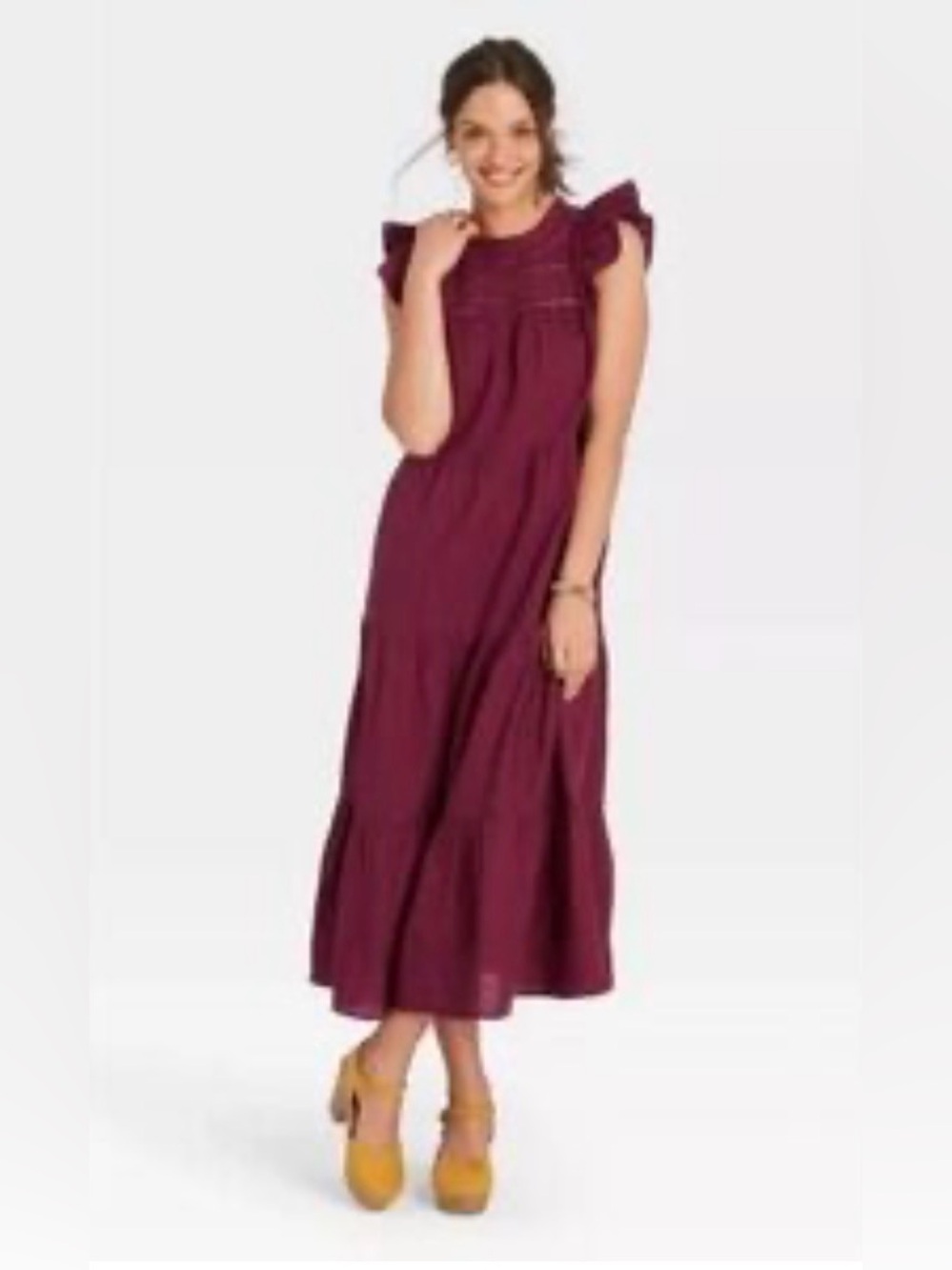 Universal Thread Maroon Flutter Sleeve Maxi Dress with Lace Detail SIZE L